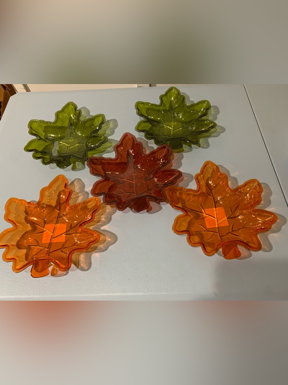 Leaf-Shaped plastic Snack Dishes - Orange, Green, Amber